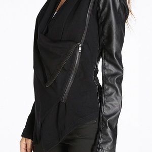 Black vegan leather drape front jacket